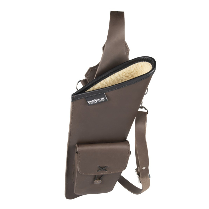BUCKTRAIL TRADITIONAL BACK QUIVER BOWMAN RH BROWN LEATHER WITH FRONT POCKET
