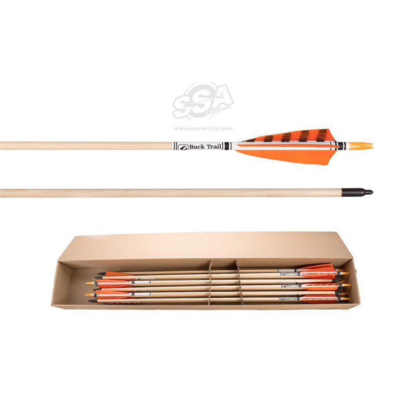 BUCKTRAIL WOODEN ARROW DELUXE 55lbs 11/32 30" /FEATHER 5" /NOCK /STEEL 3D POINT 12/PK