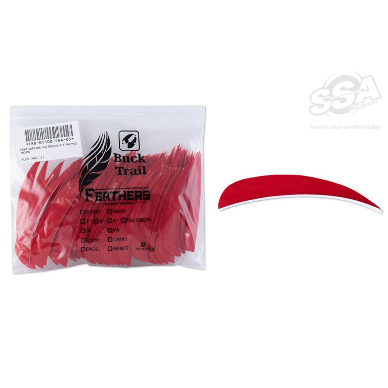 BUCKTRAIL FEATHERS ROUND 4" LW RED 100/PK