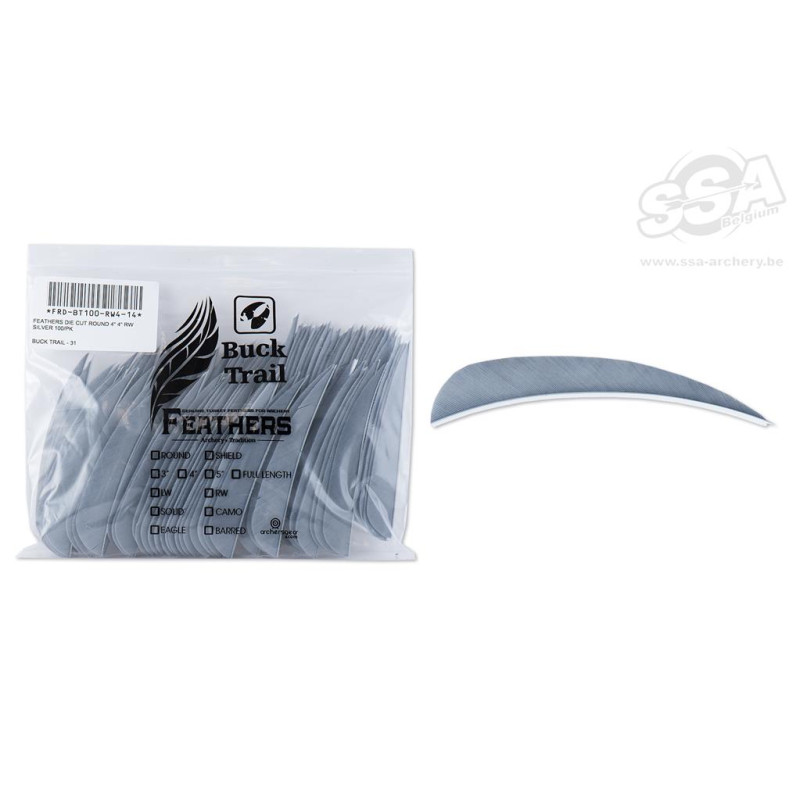 BUCKTRAIL FEATHERS ROUND 4" RW SILVER 100/PK