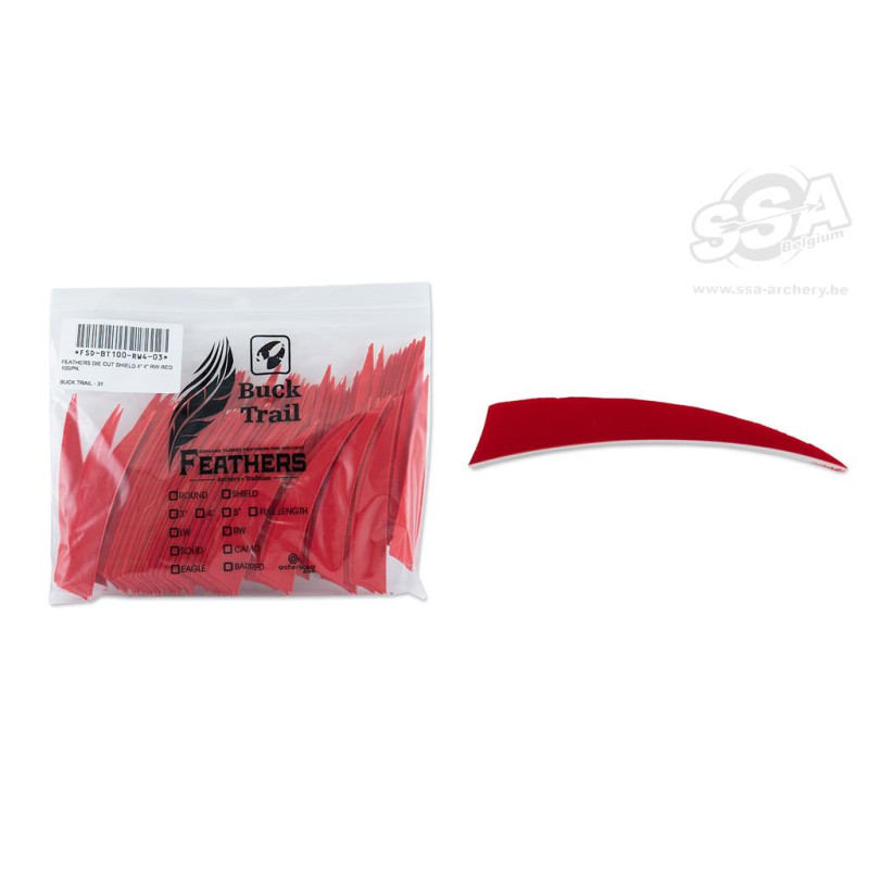 BUCKTRAIL FEATHERS SHIELD 4" RW RED 100/PK